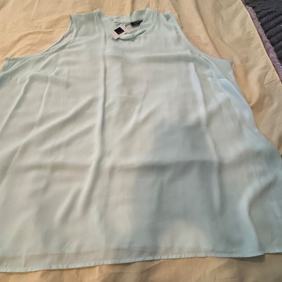 BLOUSE, BACK ZIPPER, ICY MINT, SIZE 24, LIGHT CREPE, MOCK NECK, LONG LENGTH, - Picture 2 of 10